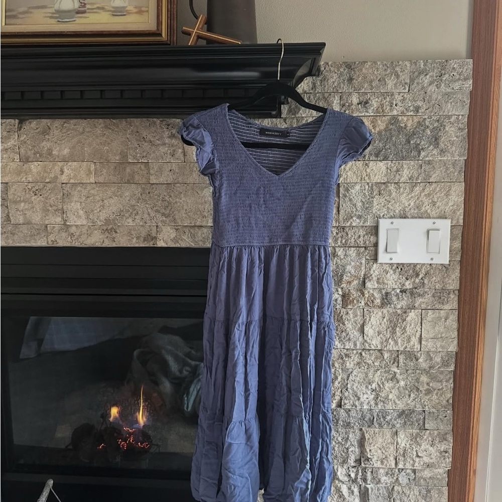 Blue Smocked-Top Midi Dress